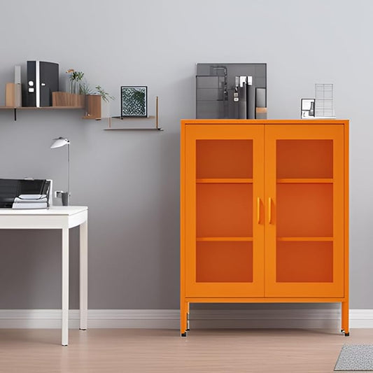 Metal Storage Cabinet with Mesh Doors,Steel Display Cabinet with Adjustable Shelves,Metal Office Storage Locker for Home Office,Garage (Orange, 40''H)