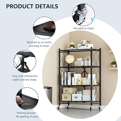 Four-Layer Foldable Storage Metal Shelf with Locking Wheels,Easy Assembly and Move Space-Saving Shelves Organizer Suitable for Kitchen, Pantry and Closet-28.54" L x 14.17" W x 46.06" H