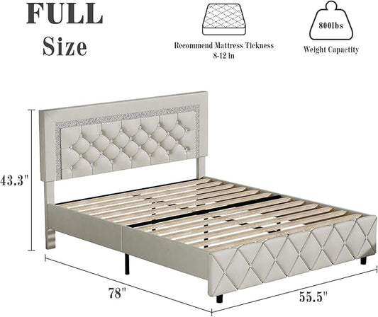 BarnFurin Full Bed Frame with Diamond Tufted Headboard, Faux Leather Upholstered Bed with Wooden Slats Support, No Box Spring Needed, Mattress Foundation, Easy Assembly, Cream