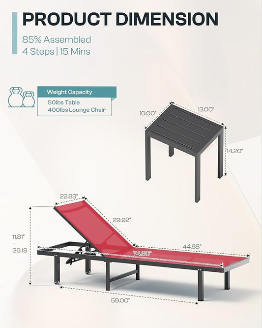 Pool Lounge Chairs Set of 2，Outdoor Lounge Chairs with Wheels and 5-Position Recliner -Easy to Move- Aluminum Patio Lounge Chair for Poolside, Deck (Red)
