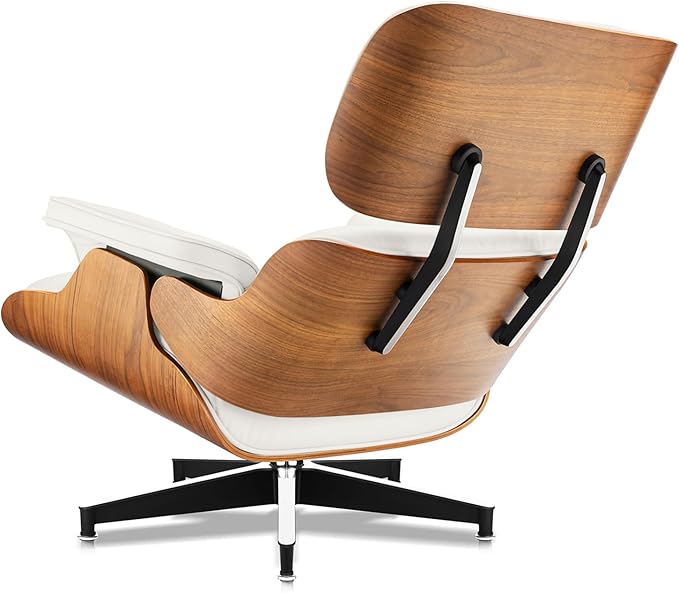 Top Grain Leather, Mid Century Chaise Lounge Chair and Ottoman, Modern Chair Classic Design, Heavy Duty Base Support for Living Room Study Lounge Office, Walnut-White, Heightening