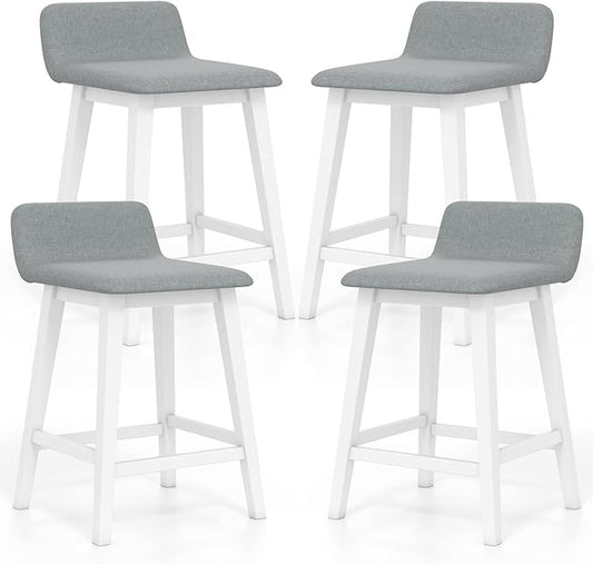 COSTWAY Wooden Counter Stools Set of 4, 24-inch Height Upholstered Padded Seat, Low Backrest, Footrest, Rubber Wood Legs, Armless Barstools for Kitchen Island, Dining Room, White+Gray