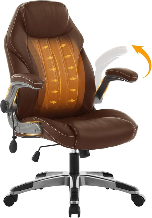 Office Desk Chair, Ergonomic Computer Chair with Padded Flip-Up Arms and Adjustable Lumbar Support, PU Leather Executive Chair with Tilt Lock and 360° Swivel Rolling Wheels for Work, Study