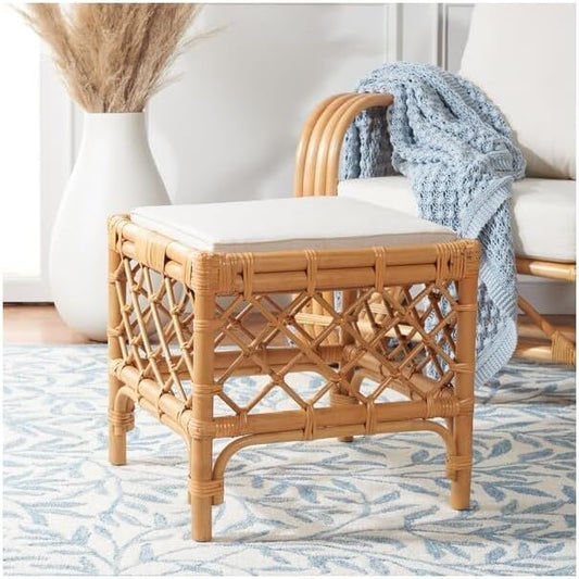 SAFAVIEH Home Collection Larroux Honey/White Rattan Solid Wood Ottoman with Cushion (Fully Assembled)
