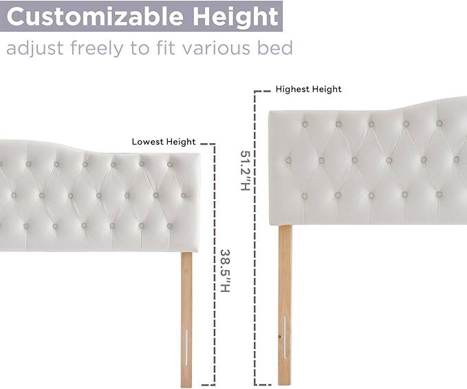 Upholstered Full Headboard, Button Diamond Tufted Headboard with Adjustable Height and Solid Wood Leg, Velvet Padded Headboards for Full Size Bed, Modern Head Board, White