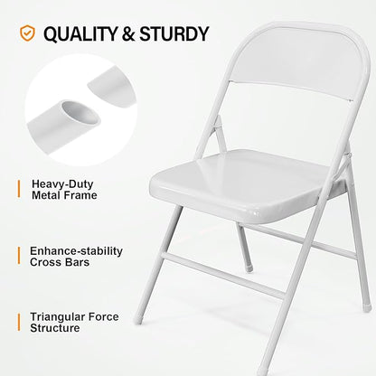 VINGLI Folding Chairs All Steel Metal Frame, Capacity 350 lbs, Durable Portable and Versatile for Indoor Outdoor Use, White, Set of 4