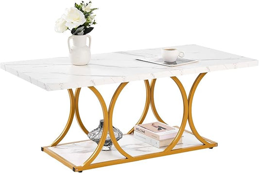 VEVOR Coffee Table, Modern Faux Marble Coffee Table, Large 2-Tier Rectangle Center Desk with Geometric Legs, Minimalist Sturdy Metal Frame Accent End Desk for Living Room, Office, Easy Assembly, White