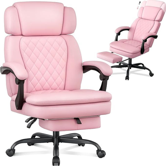 400lbs Office Chair with Foot Rest, Ergonomic Big and Tall Office Chair with Adjustable Headrest, High Back PU Leather Computer Chair,Comfy Heavy Duty Office Desk Chair (Classic Pink)