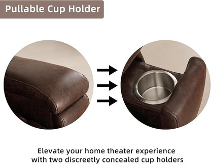 Leather Recliner Chair, Manual Recliner Chair for Adults with Overstuffed Arms and Back, Single Sofa Recliner with Cup Holders for Living Room Set of 2, Red Brown