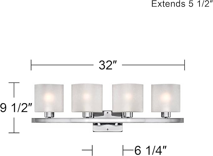 Possini Euro Design Modern Wall Light Chrome Silver Metal Hardwired 32" 4-Light Fixture White Linen Glass Shades for Bedroom Bathroom Mirror Vanity Reading Living Room Hallway House Home Decor