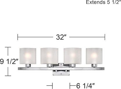 Possini Euro Design Modern Wall Light Chrome Silver Metal Hardwired 32" 4-Light Fixture White Linen Glass Shades for Bedroom Bathroom Mirror Vanity Reading Living Room Hallway House Home Decor