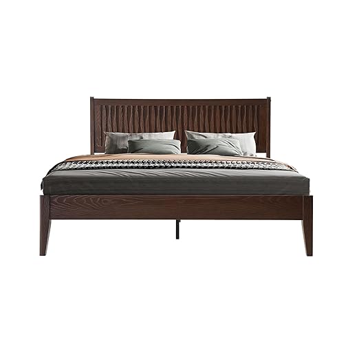Queen Size Bed Frame with Headboard & Footboard, Solid Wood Platform Bed, Central Metal Legs, 12 Sturdy Slats, Under Bed Storage, Easy Assembly, Noise-Free & Anti-Slip, Dark Roast Oak Finish, OLQ-32