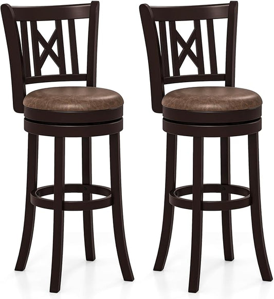 COSTWAY Bar Stools Set of 2, 30” Swivel Bar Chairs with Footrest, Rubber Wood Frame & Hollowed Backrest, Leathaire Bar Height Stools, Padded Counter Stools for Kitchen Island & Pub (2, 30'')