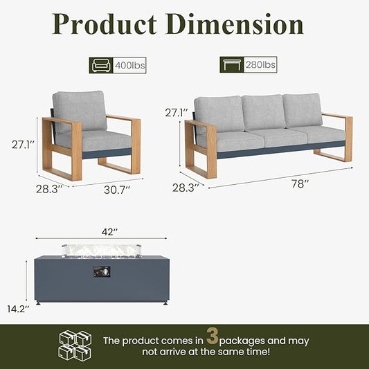 LayinSun 4 Pieces Aluminum Patio Furniture Set with Fire Pit Table, Oversized Seat with Hight Back, Outdoor Conversation Sets for Porch, Balcony, Deck