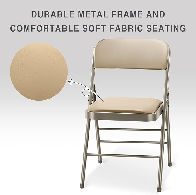 cyclone sound 4 Pack Folding Chairs with PU Padded Cushion and Back, Commercial Grade Metal Chairs with Comfortable PU Leather Cushion for Home and Office, for Indoor and Outdoor Events (4, Beige-PU)