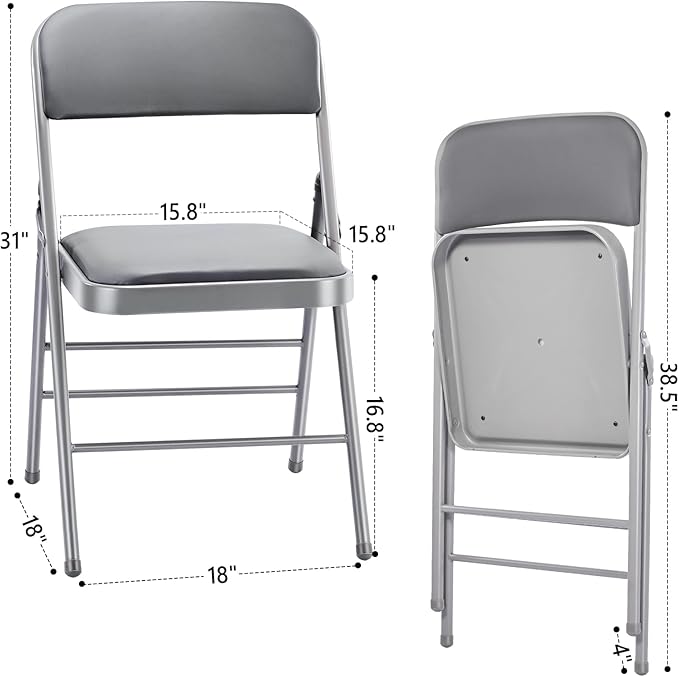 cyclone sound 2 Pack Folding Chairs with PU Padded Cushion and Back, Commercial Grade Metal Chairs with Comfortable PU Leather Cushion for Home and Office, for Indoor and Outdoor Events (2, Gray-PU)