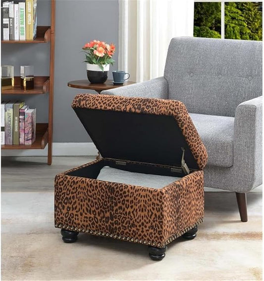 Convenience Concepts Designs4Comfort 5th Avenue Upholstered Storage Ottoman 24" - Contemporary Foot Stool and Seat with Hinged Lid for Living Room, Dining Room, Office, Forest Leopard Print Fabric