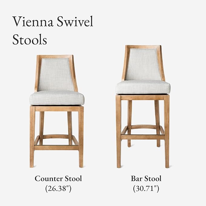 Maven Lane Vienna Counter Stools 26 Inches – Set of 2 – Swivel Stools with Footrests – Brown Solid Wood and Natural Fabric Upholstery – Ideal for Kitchen Islands and Counters