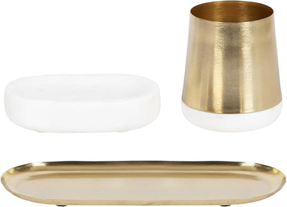 Kate and Laurel Koni Modern Glam Three-Piece Tabletop Organization Set, 12 x 6 x 5, White Marble and Gold, Marble and Metal Organizational Set for Office or Entryway Decor