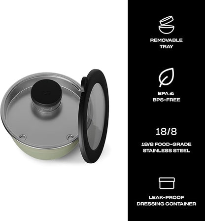 S'well Stainless Steel Salad Bowl Kit 64oz, Mountain Sage, Comes with 2oz Mini Canister and Removable Tray for Organization, Leakproof, Easy to Clean, Dishwasher Safe