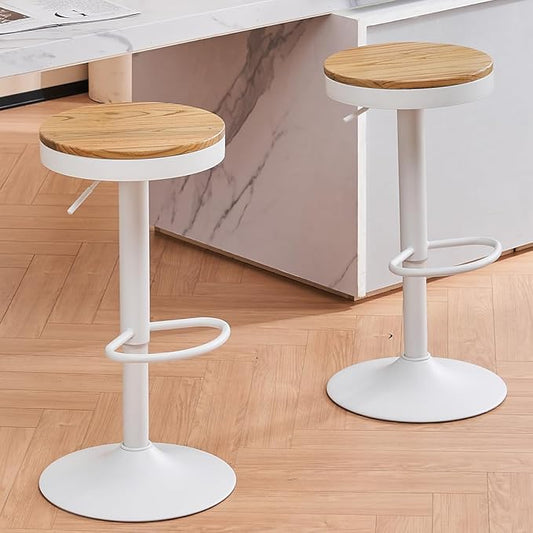 Kidol & Shellder Bar Stools Set of 2 White Round Adjustable Swivel Barstools Modern Backless Bar Chairs Wooden Seat Counter Height Stools Armless for Kitchen Island, Cafe, Dining Room