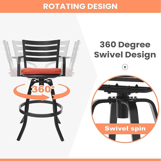 Pellebant 29.5" Sunbrella Outdoor Bar Stools Set of 2, Aluminum Swivel Patio Bar Height Bar Stools with Back & Footrest, Rust-Proof High Barstools for Deck Lawn Garden,Red