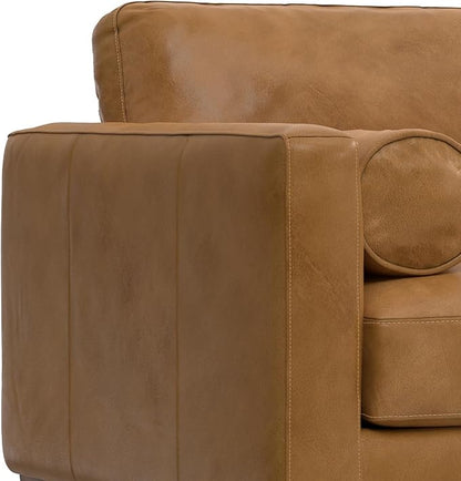 SIMPLIHOME Morrison Accent Chair - 43 inch Wide Upholstered Top Grain Genuine Leather Mid-Century Modern Arm Chair with Solid Wood Frame in Sienna, for Living Room or Bedroom with 2 Bolster Pillows