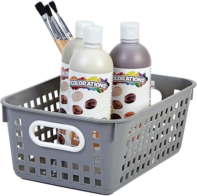 Really Good Stuff Medium Plastic Book Baskets, 11" by 7.5" by 4.5" - 12 Pack, Pebble, Versatile Storage Solution for Classroom, Home and Office, Toy Storage, Multi-Purpose Organizer Basket