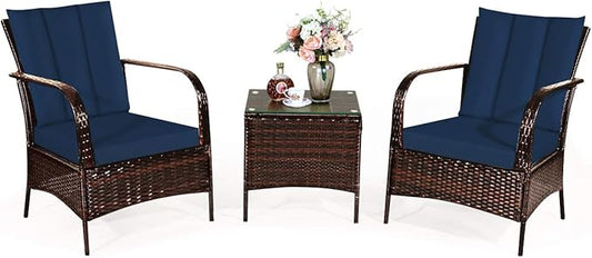COSTWAY 3 Pieces Patio Rattan Furniture Set, Outdoor Conversation Chair Set with Coffee Table & 2 Cushions for Backyard, Porch, Poolside, Lawn, Garden, Navy