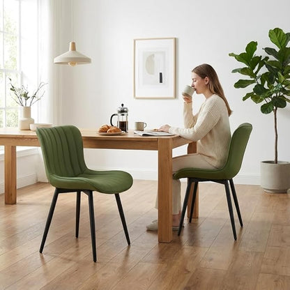 YOUNUOKE Mid-Century Modern Dining Chairs Set of 2, Olive Green PU Leather Upholstered Kitchen Chairs with Black Metal Legs, Armless Accent Side Chair for Dining Room, Guest Reception Room