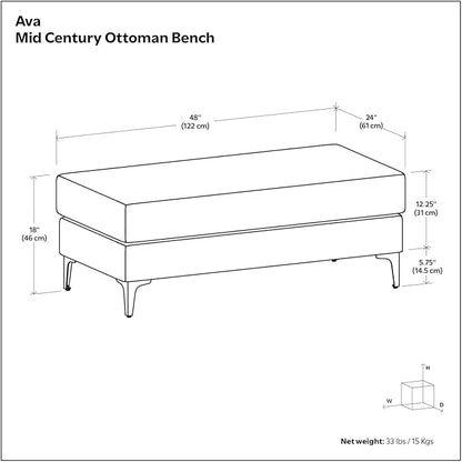 SIMPLIHOME Ava Large Rectangular Ottoman in 100% Recycled Polyester Tightly Woven Performance Fabric, Cream, 48-inches Wide, Multipurpose Table or Footrest Ottoman, Assembled, For Living Room