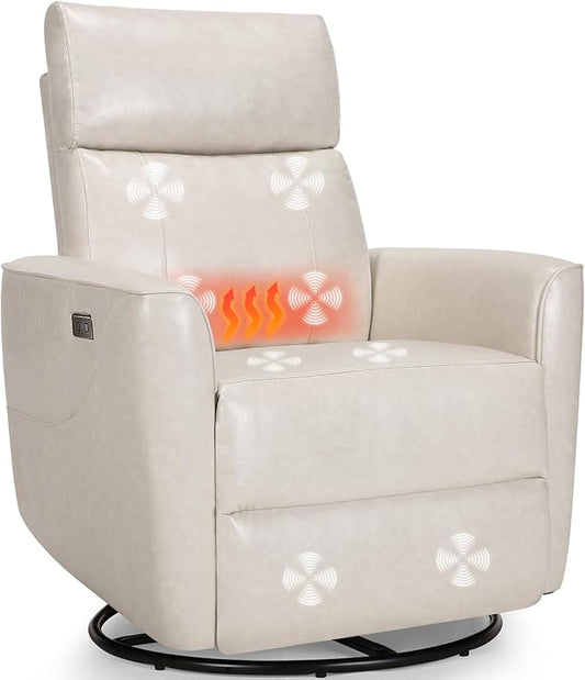 Himimi Power Massage Recliner Chair, Oversized Swivel Rocker Chair with Vibration Massage and Heat, Glider Recliner for Adults, USB Charging, Side Pocket, Nursery, Living Room, Bedroom (Ivory)