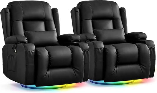URRED Rocker Recliner Chair for Adults, 270° Swivel Glider Reclining Single Sofa with LED Ambient Light, Cup Holders and Side Pockets, Faux Leather Recliner for Living Room or Home Theater, Black