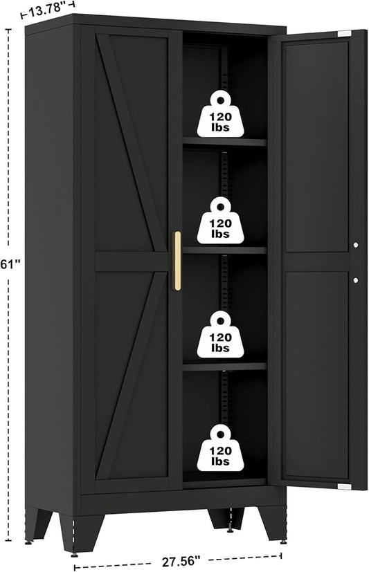 Large Metal Kitchen Pantry Cabinet with Adjustable Shelves - Freestanding Kitchen Storage Cabinet for Dining Room,Livingroom Bathroom, Hallway, Workshop, Office (Black, 61"- 0 Drawer)
