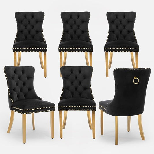 Velvet Upholstered Dining Chairs Set of 6, Modern Style Kitchen Side Chairs with Nailhead Trim and Gold Plated Leg, Metal Pulling Ring for Dining Room Living Room(Black, Set of 6)