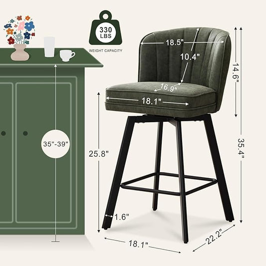 Swivel Counter Height Bar Stools Set of 2, 26'' Modern Barstools with Backs and Metal Legs, Upholstered Bar Chairs, Faux Leather Green Stools for Kitchen Island Chairs