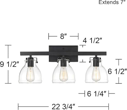 Possini Euro Design Bellis Modern Industrial Wall Light Black Hardwired 22 3/4" 3-Light Fixture Clear Curving Glass Shade for Bedroom Bathroom Vanity Living Room Home Hallway Dining Kitchen House
