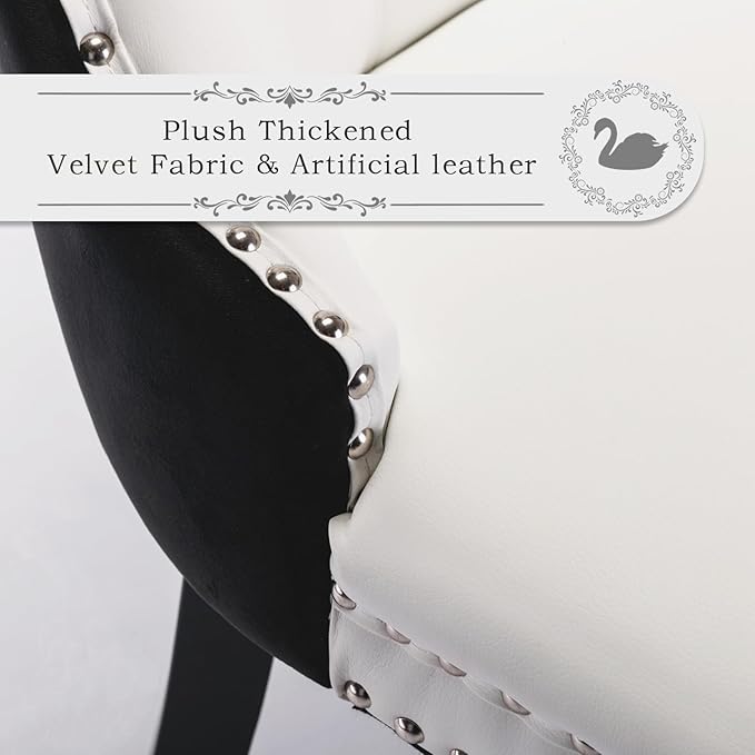 Leather Upholstered Dining Chairs Set of 2, Modern Style Kitchen Side Chairs with Nailhead Trim and Wood Leg, Metal Pulling Ring for Dining Room Living Room(Black&White,Set of 2)