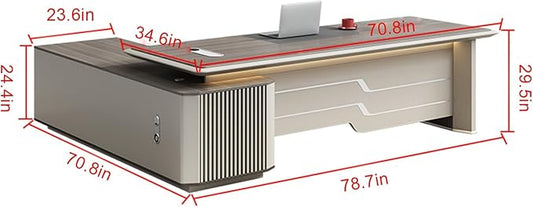 78IN Executive Office Desk - Large Office Desk L Shaped Computer Desk with 2 Drawers & Grille Design | Thickened Countertop & Large Capacity Side Cabinet Storage & Metal Cabinet Handle