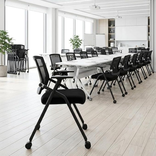 6 Pack Stackable Conference Room Chairs with Paddle Folding Office Chair Foldable Desk Chair Mesh Back and Arms for Conference Meeting Guest Reception Home Office Training Room Chair Black