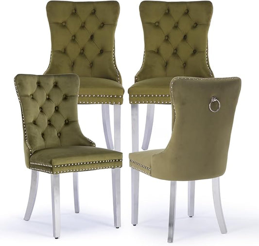 Velvet Upholstered Dining Chairs Set of 4, Modern Kitchen Side Chairs with Nailhead Trim and Silver Plated Leg, Metal Pulling Ring for Dining Room Living Room(Olive Green-Silver Plated Leg)