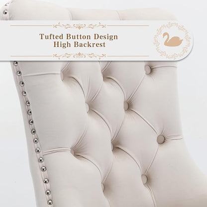 Velvet Upholstered Dining Chairs Set of 4, Modern Style Kitchen Side Chairs with Nailhead Trim and Silver Plated Leg, Metal Pulling Ring for Dining Room Living Room((Creamy White,Set of 4)