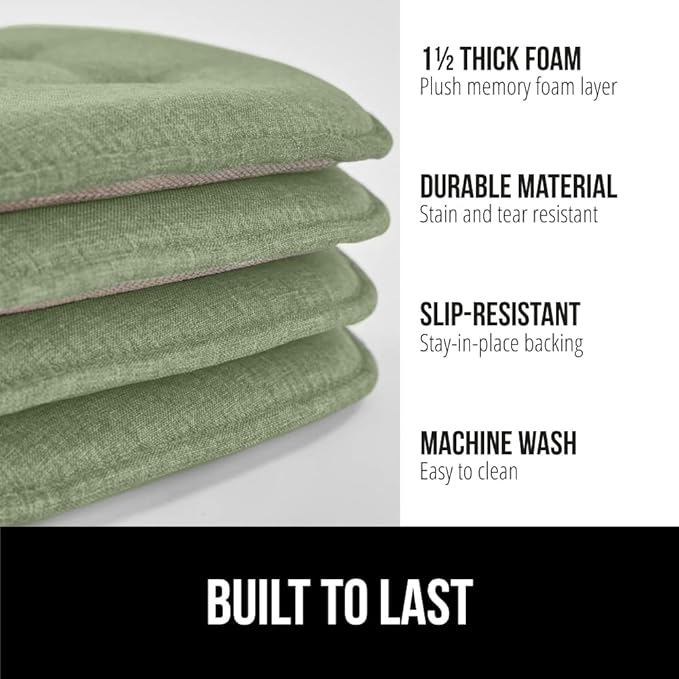 GORILLA GRIP Slip Resistant Tufted Chair Cushions, No Ties Required, Set of 6 Memory Foam Pads for Dining Room, Kitchen Table, Office, Rocking Chairs, Plush Seat Cushion Pad, Home Decor, 16x17, Sage