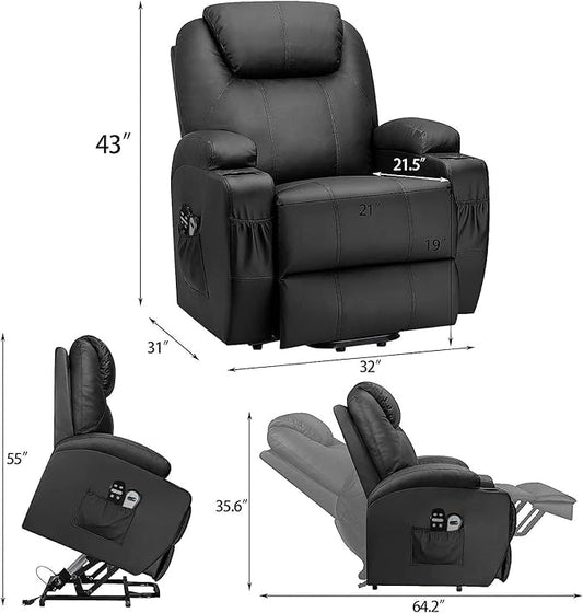 Flamaker Power Lift Recliner Chair Electric Lift Recliner for Elderly Power Lift Recliner Chair with Cup Holders Side Pockets for Living Room (Leather, Dark Black)