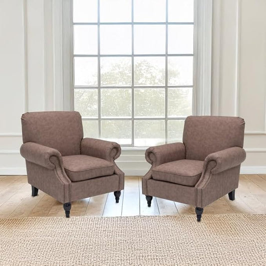 Accent Chair,22.4" Seat Depth Armchair with Roll Arms,36.6W*34.3D*34.6H Living Room Chair,Wood Legs,Set of 2,Faux Leather in Taupe