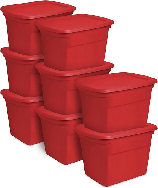 Sterilite 18 Gallon Stackable Storage Tote Container, Seasonal Home Decor, and Garage Organizer Bin with Lid, Red (16 Pack)
