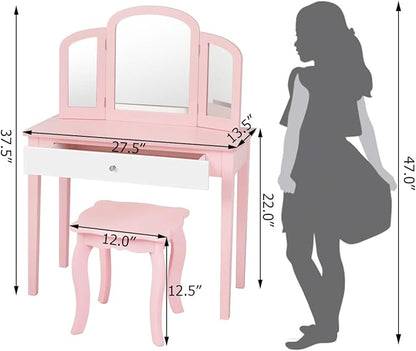 Costzon Kids Vanity, Girls Vanity Set with Tri-Folding Mirror, Stool, Storage Drawer, Princess Toddler Makeup Vanity Desk Dressing Table, Wooden Kids Vanity Table and Chair Set (Pink)