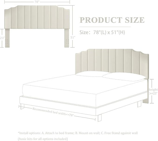 King Size Headboard Only, Velvet Wall Mounted Headboard King for Adjustable Bed Modern Upholstered Head Board Easy Assembly, Cream