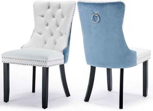 Leather Upholstered Dining Chairs Set of 2, Modern Style Kitchen Side Chairs with Nailhead Trim and Wood Leg, Metal Pulling Ring for Dining Room Living Room(White&Blue,Set of 2)