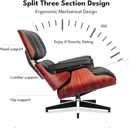 Top Black Grain Leather, Mid Century Chaise Lounge Chair and Ottoman, Modern Chair Classic Design, Heavy Duty Base Support for Living Room Study Lounge Office, Darkrosewood